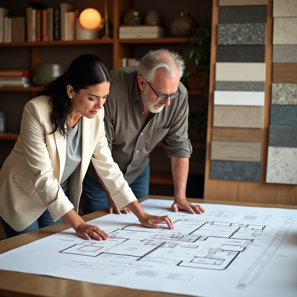 Architects reviewing common area floor plans and material samples on a large table