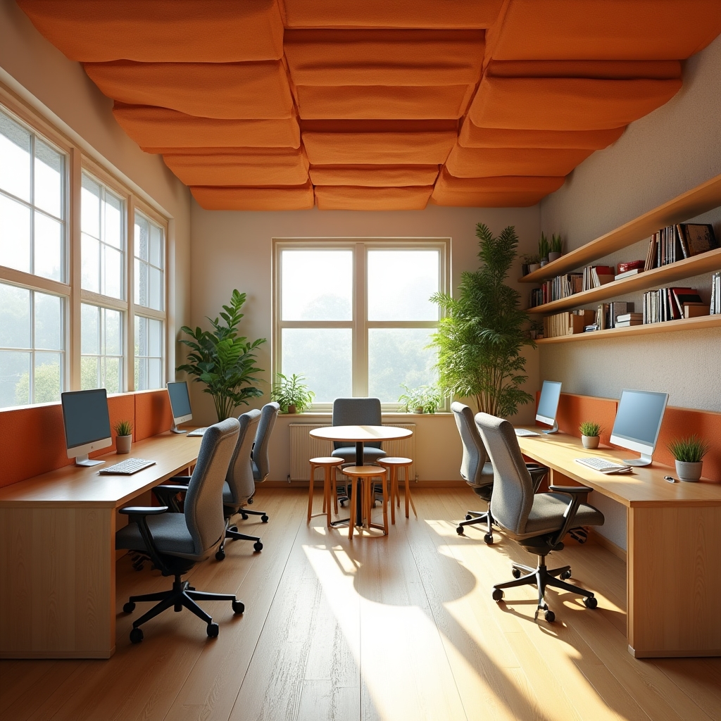 Bright residential cowork space with ergonomic seating, natural light, and acoustic panels
