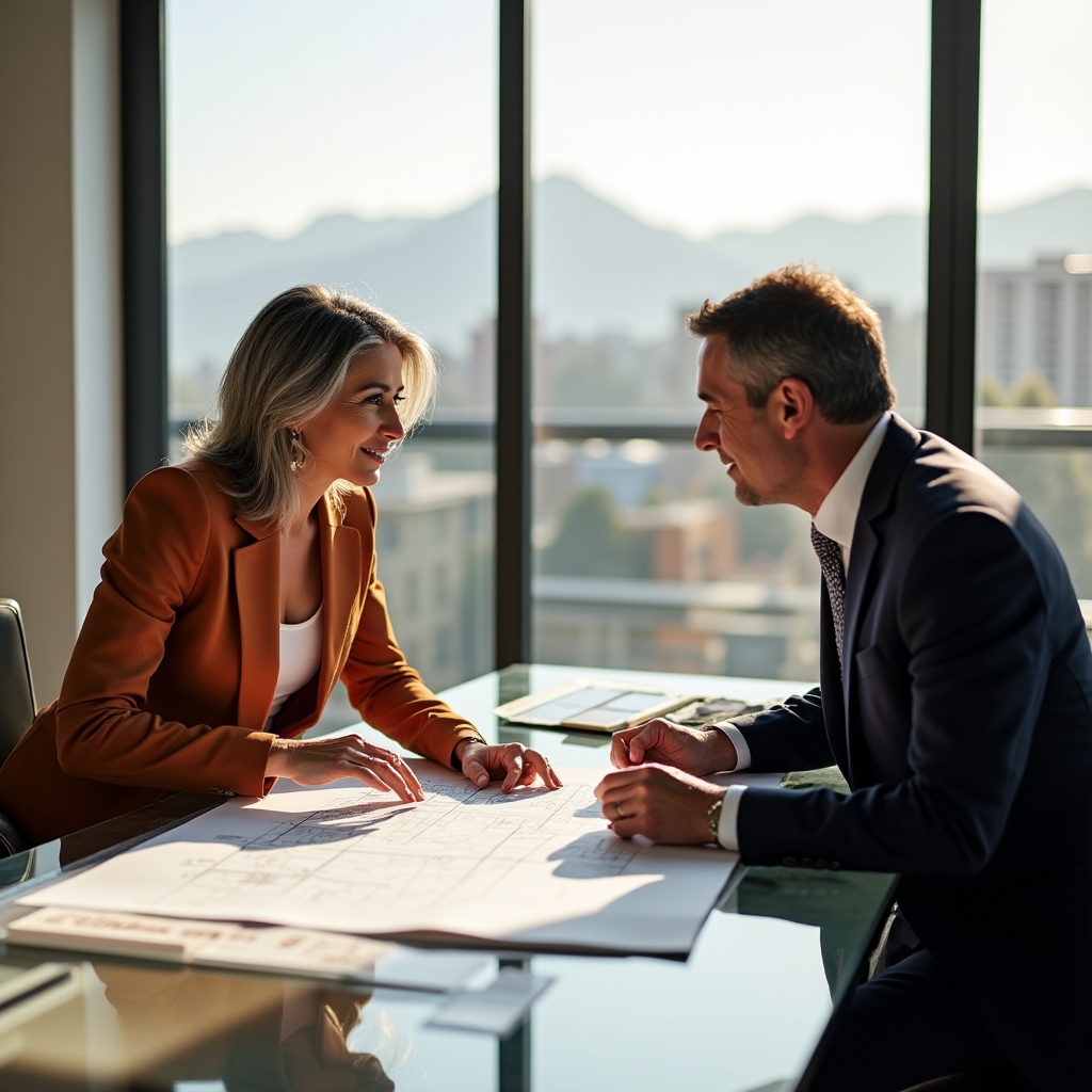 Design team reviewing building plans and material samples in a professional consultation setting