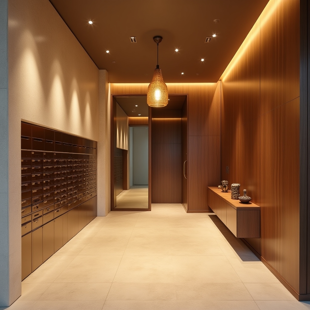 Modern residential building lobby with warm lighting and stone finishes