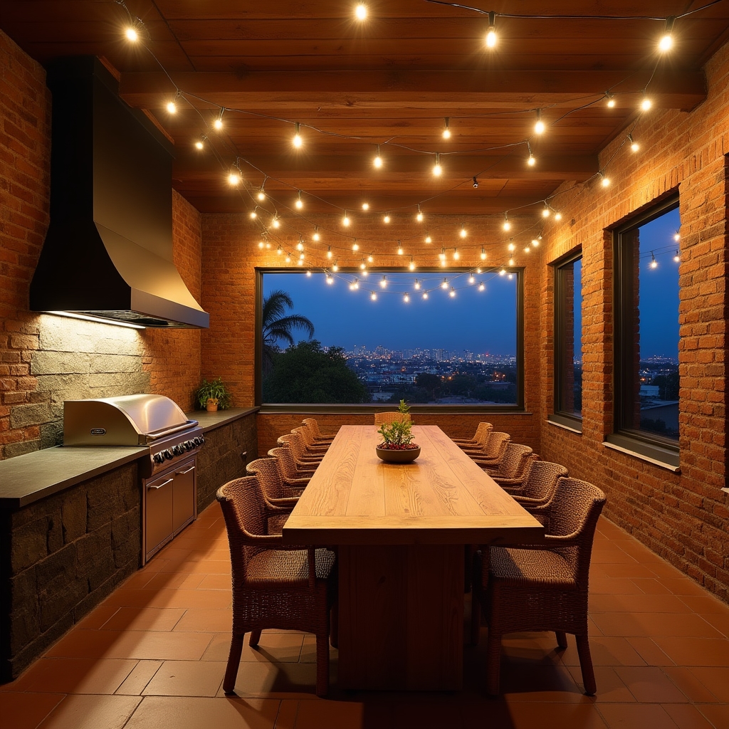 Well-designed residential quincho with built-in grill, proper ventilation, and warm ambient lighting