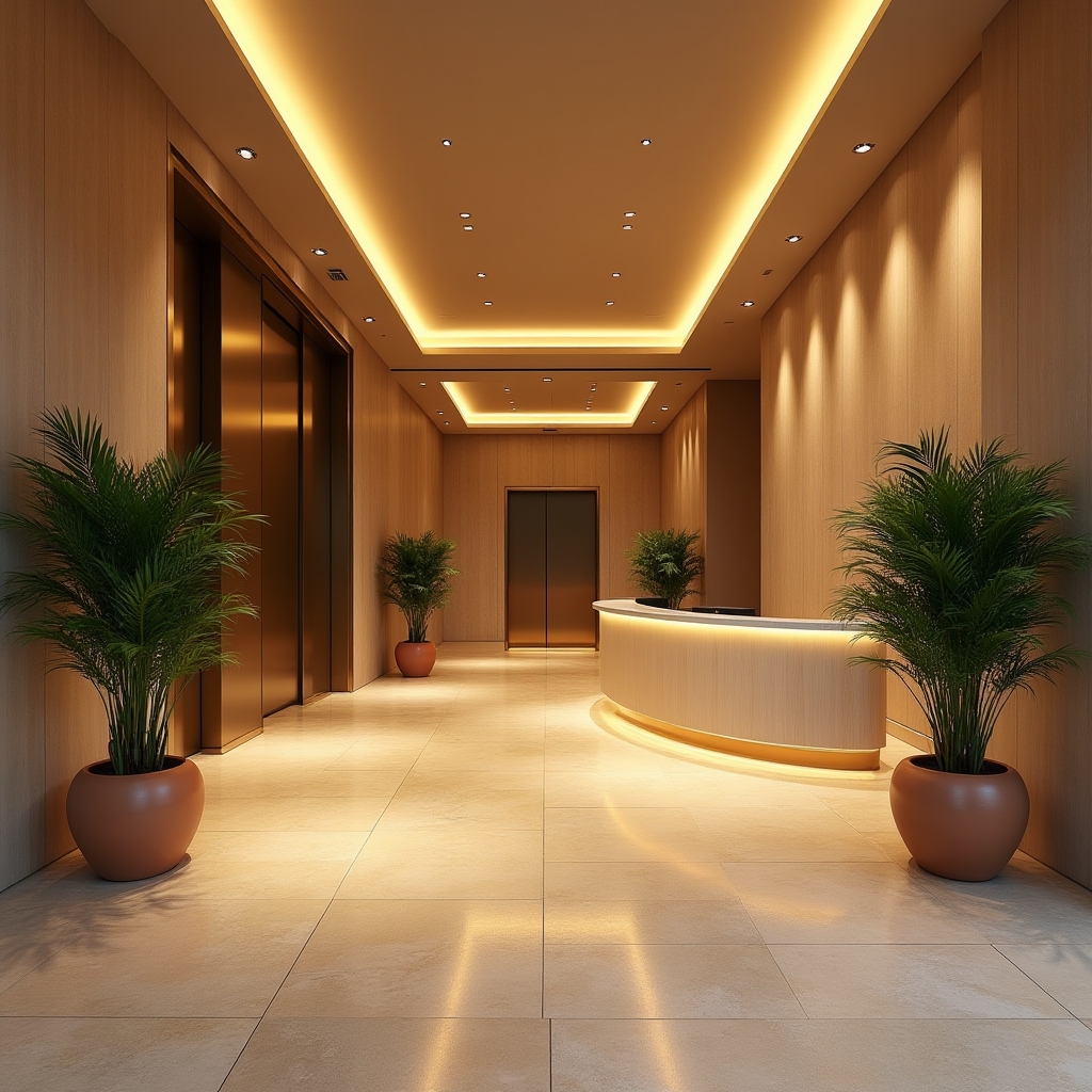 Elegantly designed residential building lobby with warm lighting and premium finishes