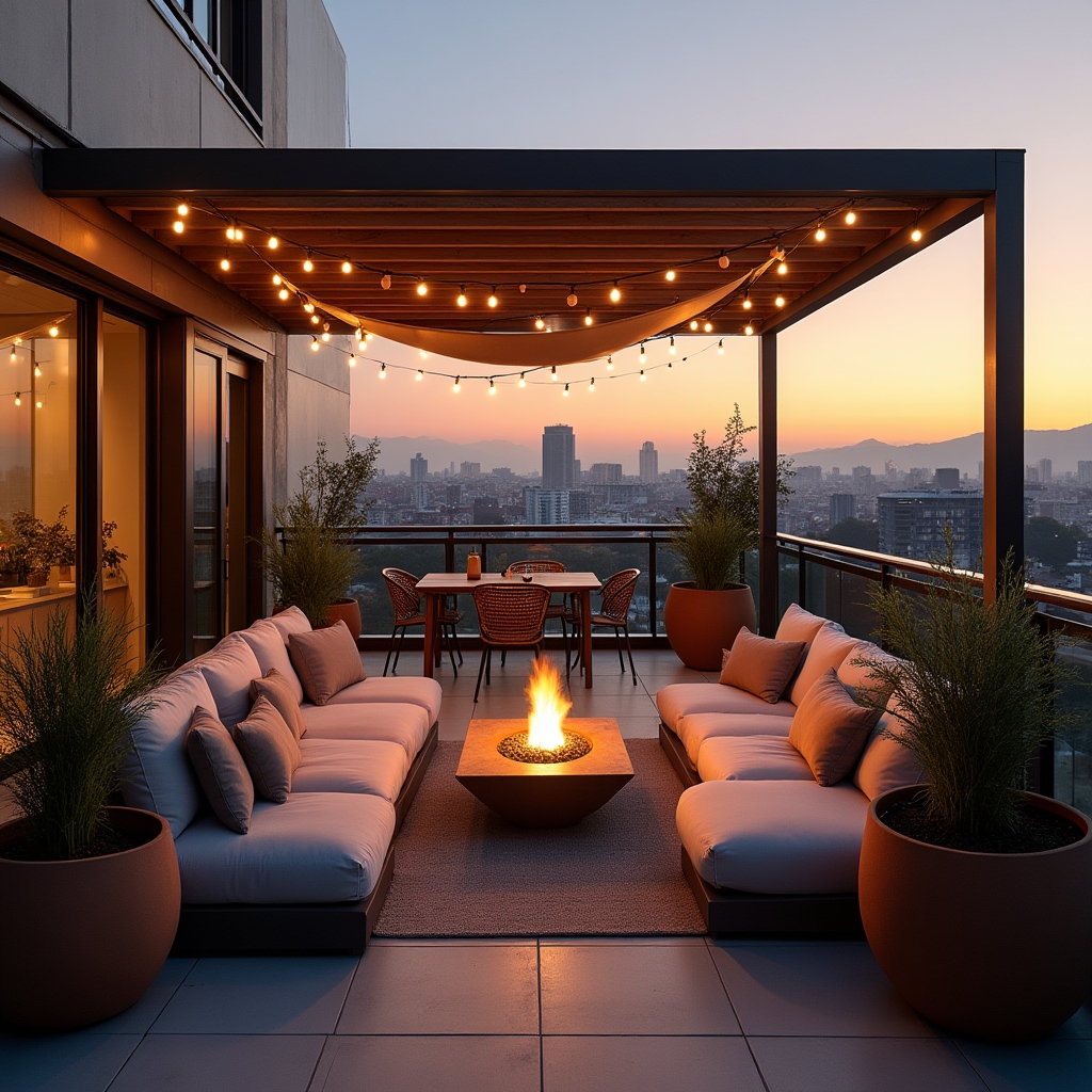 Rooftop shared terrace with defined seating zones, planters, and city views